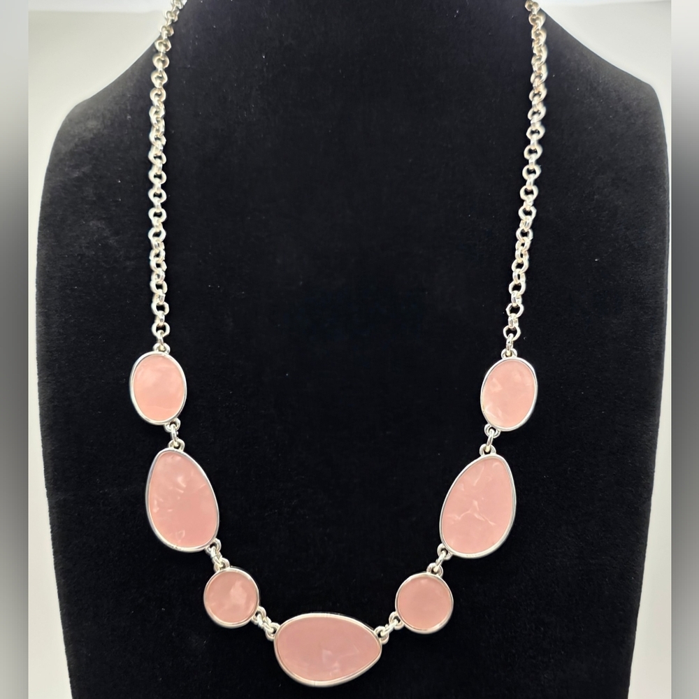 Silver Tone Necklace w/ Blush Pink Stone Stations